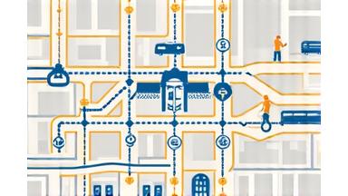 Schéma de navigation multimodale affichant différents modes de transport sur une carte de la ville.