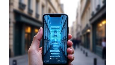 Illustration d'une personne utilisant une application mobile avec la réalité augmentée superposant des informations sur une vue de rue parisienne.