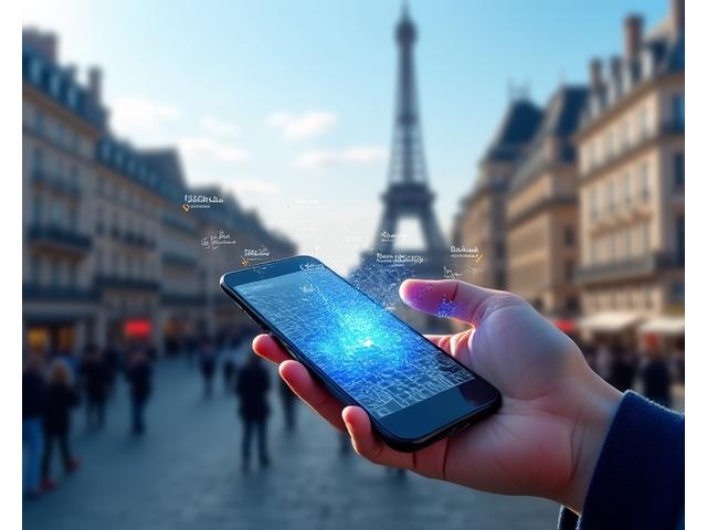 Interface d'application mobile futuriste affichant une carte interactive de Paris avec des icônes de navigation et des points d'intérêt en réalité augmentée.