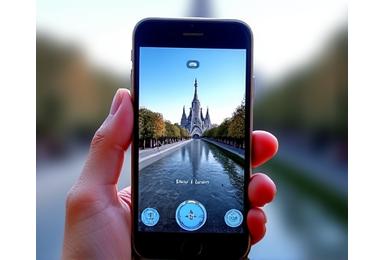 Capture d'écran de l'application ParisExplorer sur un smartphone, montrant des points d'intérêt en réalité augmentée.
