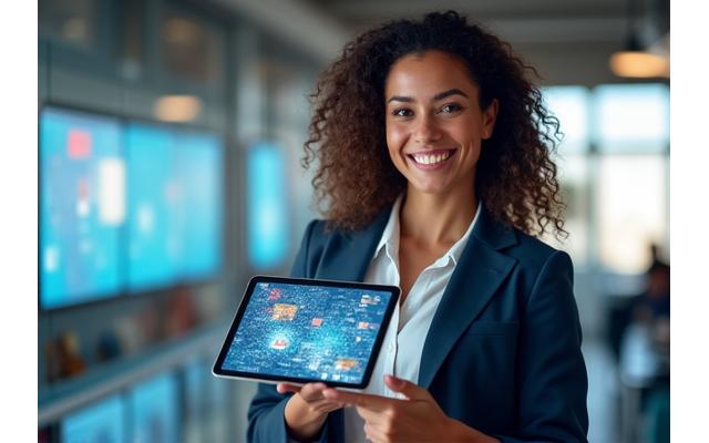 Photo d'une consultante experte souriante, présentant des graphiques sur une tablette, symbolisant l'accompagnement personnalisé en transformation digitale du voyage.