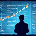Icône représentant une personne devant un tableau de stratégie digitale, avec des flèches et des schémas