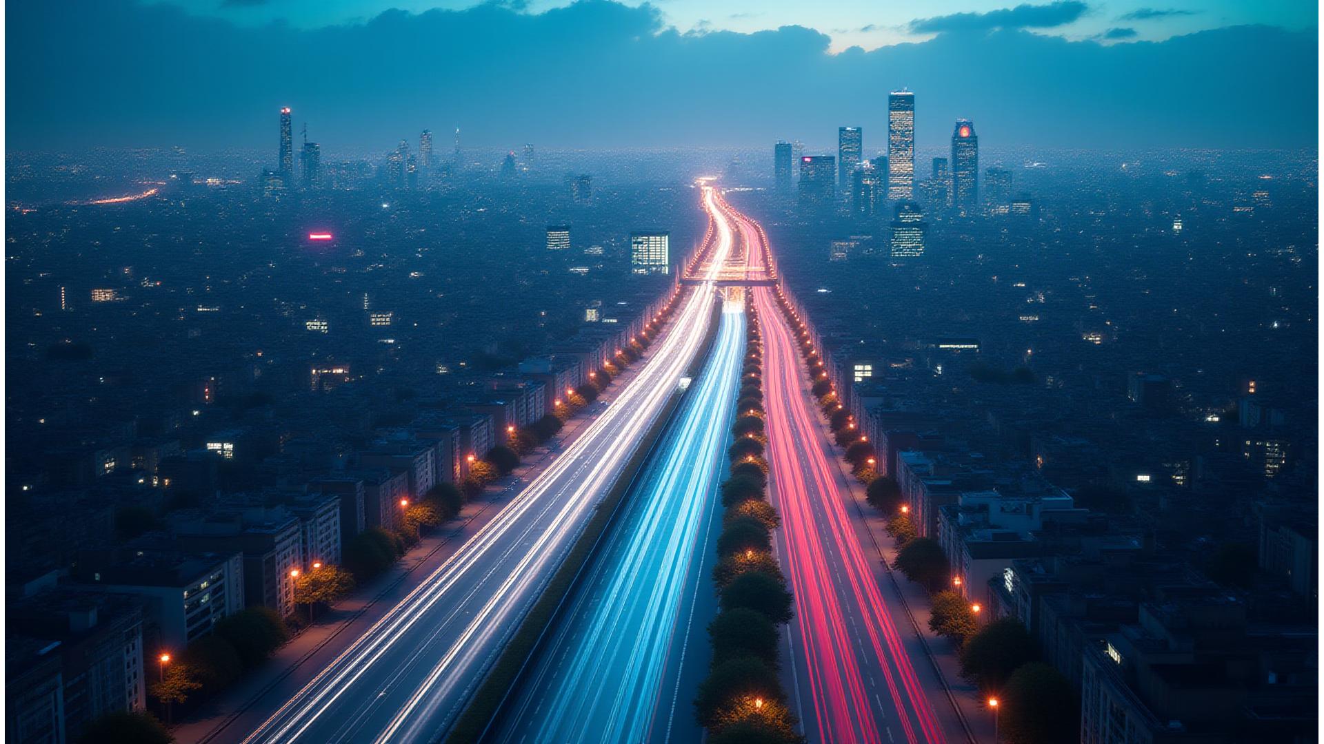 Vue aérienne de Paris avec des tracés lumineux symbolisant la mobilité intelligente et la connectivité urbaine