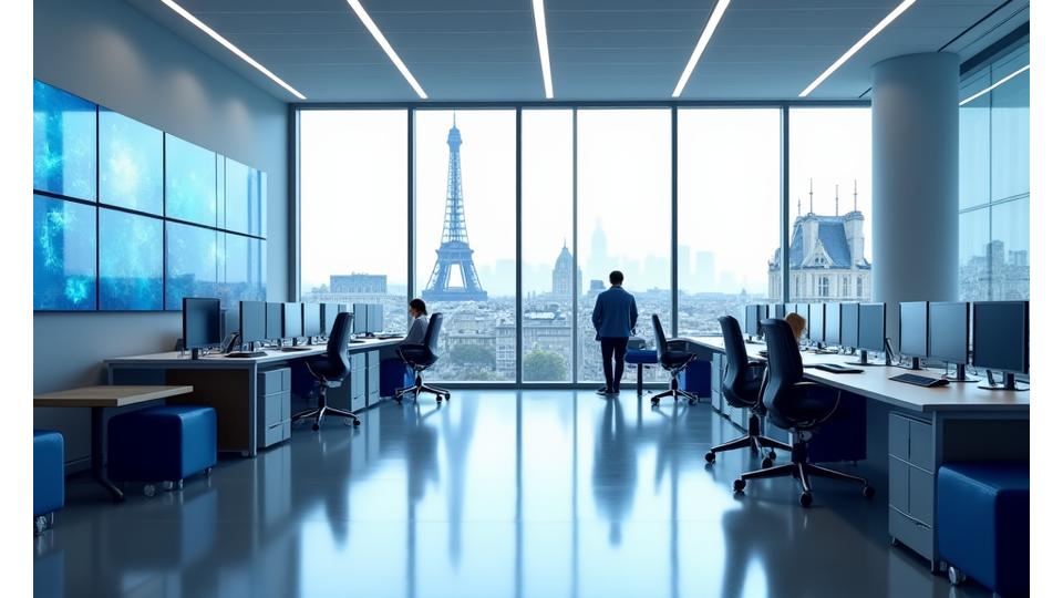 Photo de l'intérieur des bureaux modernes de Vapeur Futée à Paris, avec une vue sur la ville depuis les fenêtres