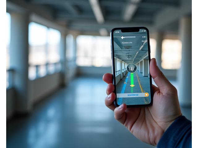 Capture d'écran d'une application mobile guidant l'utilisateur vers une place de parking libre avec réalité augmentée