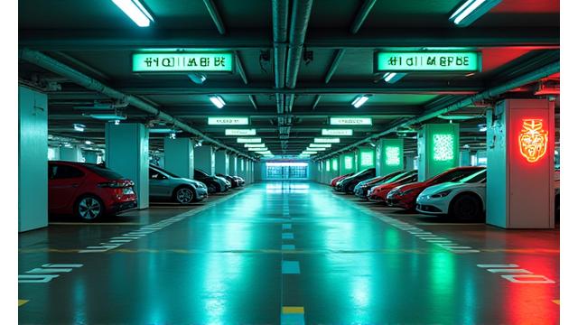 Illustration d'un parking souterrain avec des indicateurs de places libres.