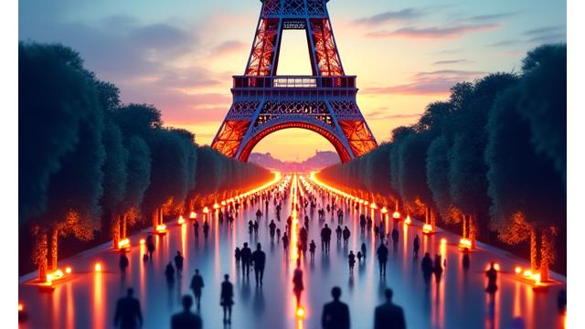 Illustration de la Tour Eiffel avec des flèches symbolisant le flux de visiteurs