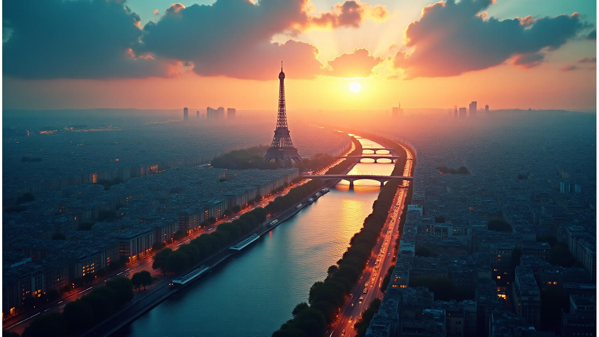 Vue aérienne dynamique de Paris au lever du soleil avec des lignes de transport lumineuses symbolisant le flux de la mobilité intelligente.
