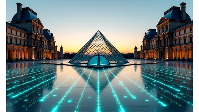 Vue extérieure du musée du Louvre avec des flèches virtuelles représentant la gestion des flux de visiteurs