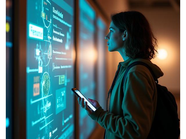 Illustration d'un visiteur interagissant avec une application AR qui superpose des informations personnalisées sur un musée, grâce à l'IA et l'IoT