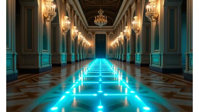 Intérieur du Château de Versailles avec des points lumineux représentant des parcours visiteurs personnalisés via l'IoT