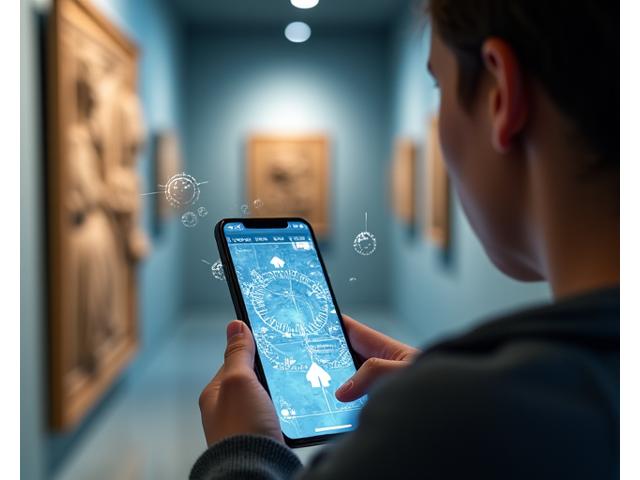 Capture d'écran d'une application mobile présentant un parcours visiteur optimisé avec des icônes d'IoT et de personnalisation, en réalité augmentée