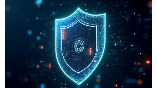 Un bouclier numérique abstrait avec des éléments de code et un cadenas, symbolisant la protection des données