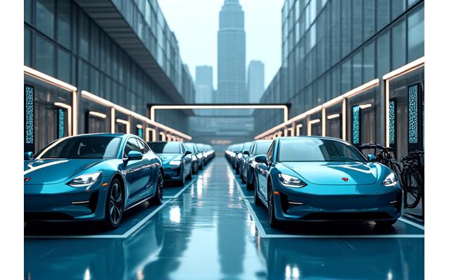 Flotte de véhicules électriques modernes (voitures, fourgonnettes, vélos) alignés devant des bornes de recharge, avec un skyline urbain en arrière-plan. La scène est nette et éclairée représentant l'efficacité énergétique.