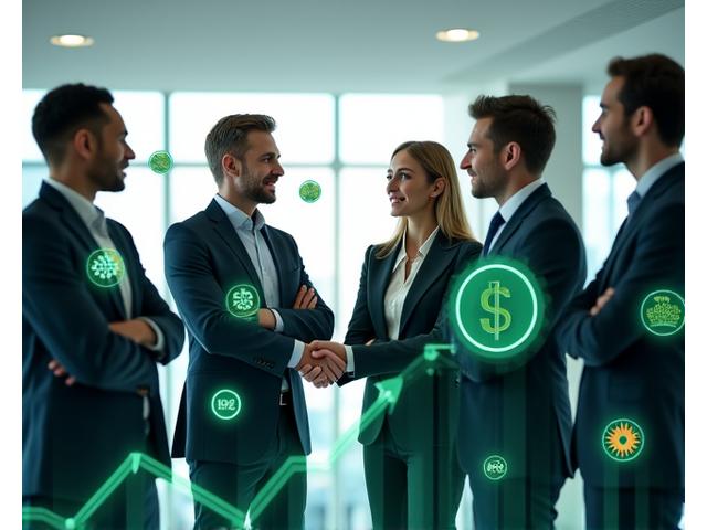 Un groupe diversifié de professionnels souriants et confiants se serrant la main dans un espace de bureau moderne et lumineux, avec des icônes de financement vert (sacs d'argent, arbres, flèches de croissance) et de partenariat (poignée de main, boucliers) superposées de manière discrète. L'ambiance est de confiance et de collaboration.
