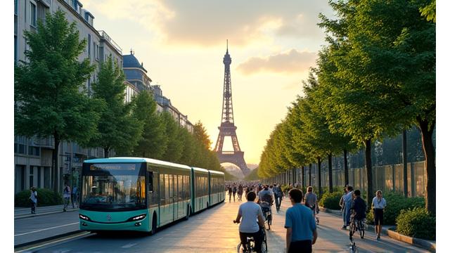 Vue aérienne d'un quartier parisien moderne avec des pistes cyclables, des transports en commun électriques et une verdure luxuriante, symbolisant une ville durable et une mobilité zéro carbone. Des éléments d'interface utilisateur transparents d'analyse de données superposés.