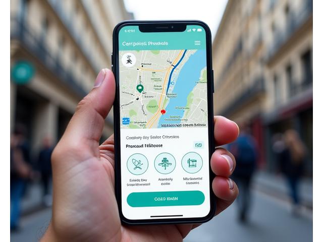 Interface d'une application mobile conviviale sur un smartphone présentant des options de covoiturage, de vélos partagés, et des itinéraires multimodaux optimisés en temps réel. Des icônes de feuilles et d'émissions de CO2 réduites sont visibles. Les couleurs sont fraîches, invitant à l'utilisation.