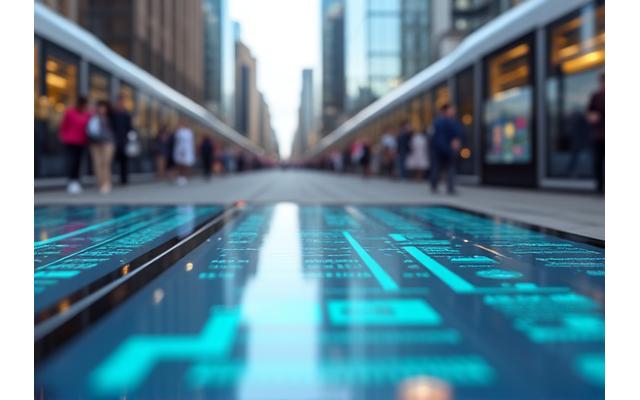 Une interface numérique élégante affichant des itinéraires de transport public optimisés sur un écran, avec un arrière-plan flou de tramways modernes, bus électriques et passagers souriants. Couleurs vibrantes du tramway et du bus, UX fluide.