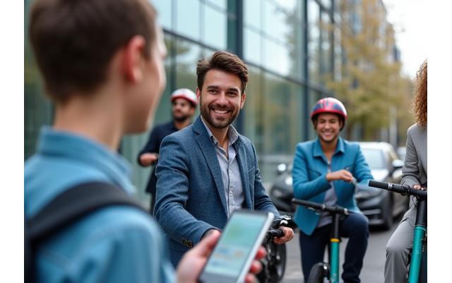 Employés souriants de BNP Paribas utilisant des vélos en libre-service et partageant des véhicules électriques devant un immeuble de bureaux moderne à La Défense, avec un rendu discret d'une application de mobilité collaborative. L'atmosphère est dynamique et positive.