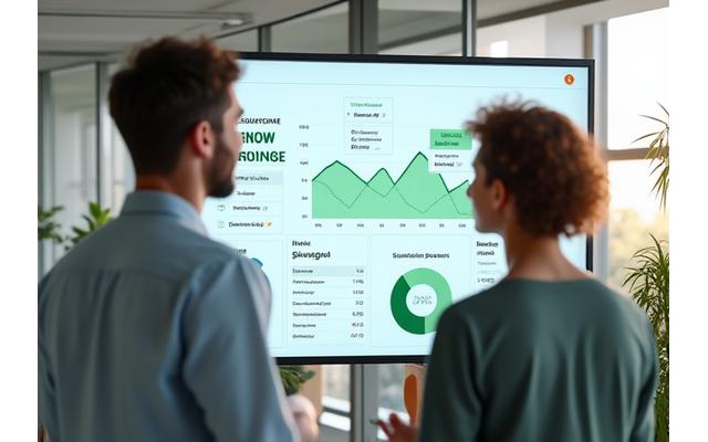 Deux entrepreneurs jeunes et dynamiques discutant avec enthousiasme devant un tableau de bord numérique affichant des données sur la neutralité carbone et des métriques de mobilité durable pour une startup GreenTech, dans un espace de coworking lumineux et moderne. L'ambiance est innovante et collaborative.