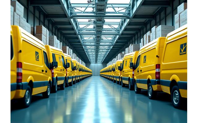 Flotte de véhicules de livraison électriques jaunes et vertes de La Poste, garés dans un centre de tri moderne et efficace à Paris. Des colis empilés sont visibles, illustrant des opérations logistiques propres. L'image dégage une impression d'efficacité et d'engagement environnemental.