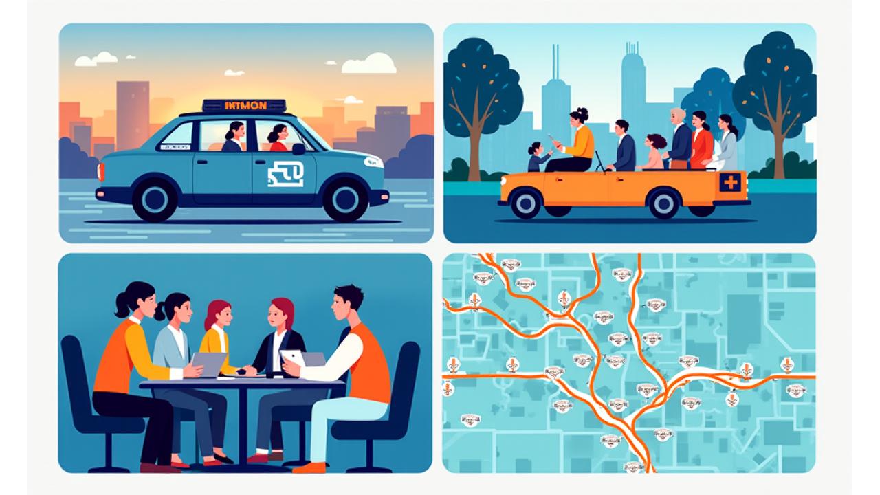 Quatre vignettes représentant différents cas d'usage : un homme d'affaires dans un taxi, une famille souriante devant un monument, un groupe de personnes interagissant à un événement, et une carte avec des icônes de véhicules pour la gestion de flotte.