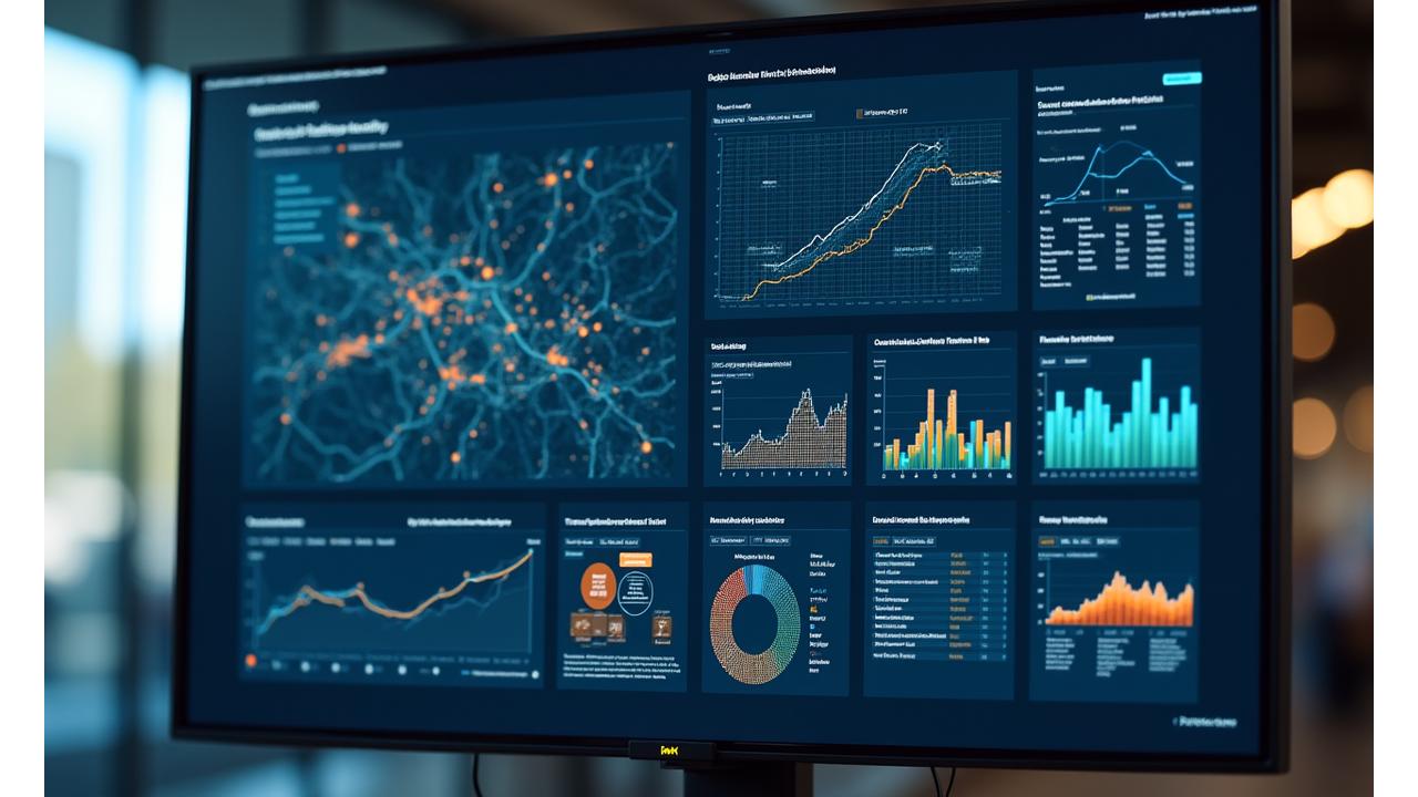 Interface d'un tableau de bord analytique professionnel affichant des visualisations de données complexes, des KPI en temps réel et des prévisions pour la gestion de la mobilité urbaine.