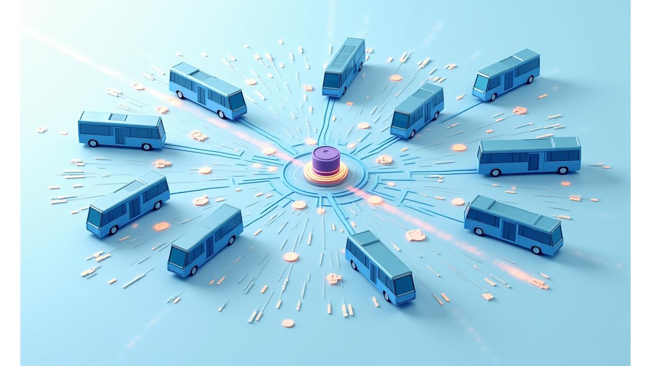 Diagramme interactif montrant l'interconnexion des différents modes de transport (bus, métro, vélos, trottinettes) au sein d'une ville, gérés par une plateforme d'IA centrale.
