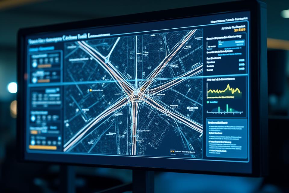 Tableau de bord de gestion du trafic intelligent affichant des données en temps réel sur les flux de circulation, les algorithmes prédictifs et les feux de signalisation optimisés par IA.
