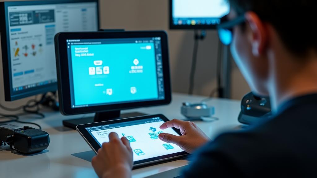 Une personne utilise un appareil de suivi oculaire pour interagir avec une tablette affichant une application de mobilité de Vapeur Futée. D'autres appareils d'assistance comme des contrôleurs switch sont visibles en arrière-plan, soulignant la compatibilité universelle.