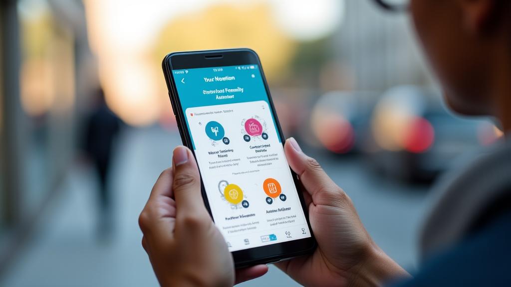 Interface utilisateur d'une application mobile présentant des fonctionnalités d'accessibilité avec des icônes claires pour la navigation vocale, les paramètres de contraste et la planification d'itinéraire adaptée, sur un écran de smartphone tenu par une personne.