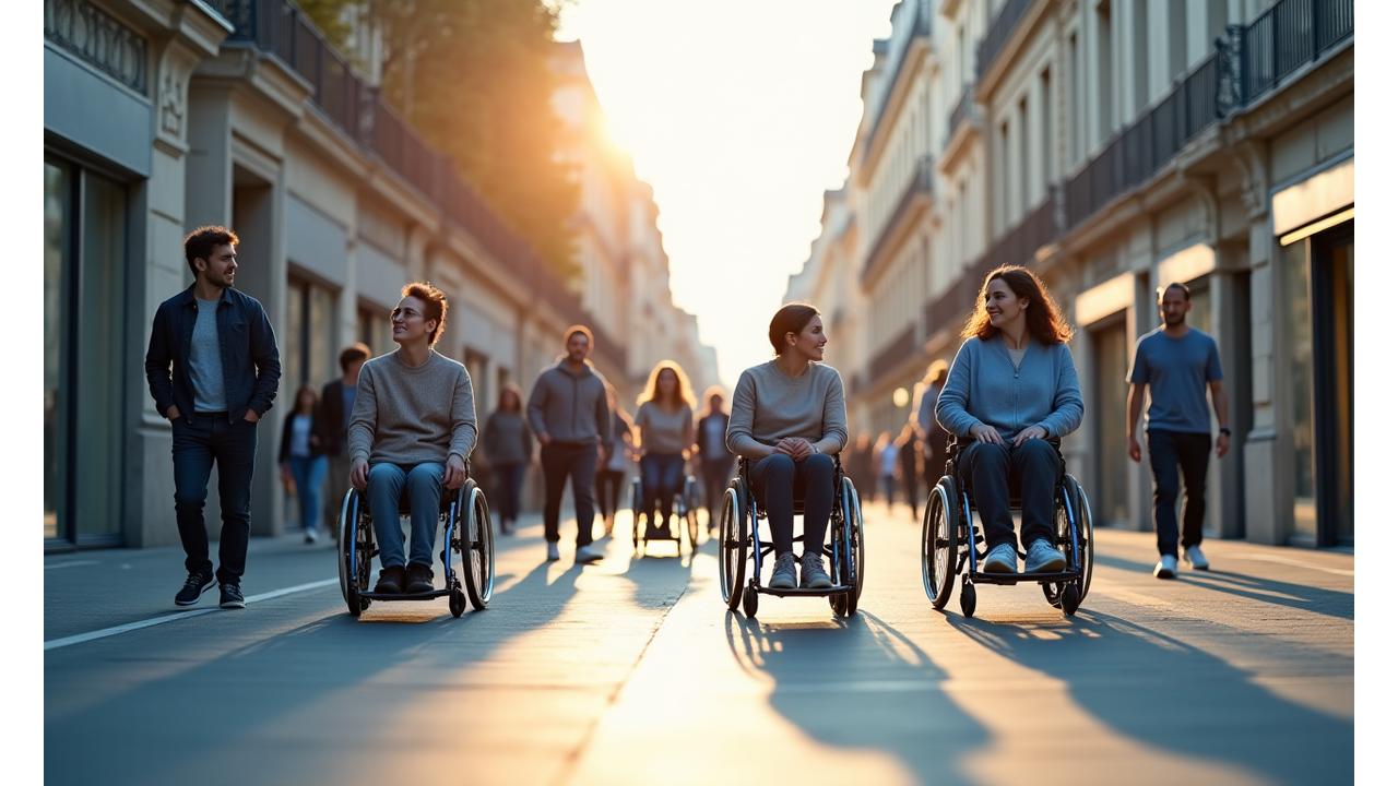 Groupe diversifié de personnes souriantes, dont des utilisateurs de fauteuils roulants et des personnes utilisant des cannes blanches, se déplaçant facilement dans un environnement urbain moderne et accessible de Paris, symbolisant l'inclusion et l'autonomie.