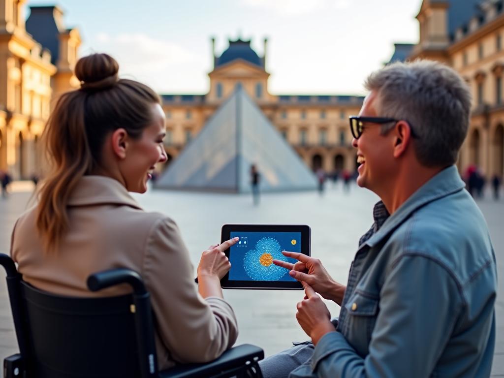 Une personne en fauteuil roulant et une personne malvoyante avec une canne blanche sourient en explorant le Louvre à Paris, avec une tablette affichant des descriptions audio et des visualisations tactiles. L'ambiance est lumineuse et engageante.