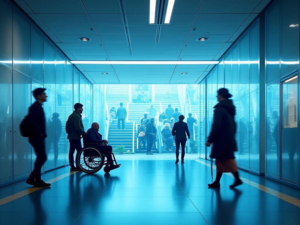 Vue d'une station de métro à Paris avec des indicateurs virtuels d'accessibilité superposés sur un écran, montrant des rampes, des ascenseurs et des chemins clairs. Des personnes de diverses mobilités empruntent la station, se déplaçant librement.